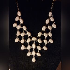 Elegant Silver-Tone White Oval Statement Bib Necklace